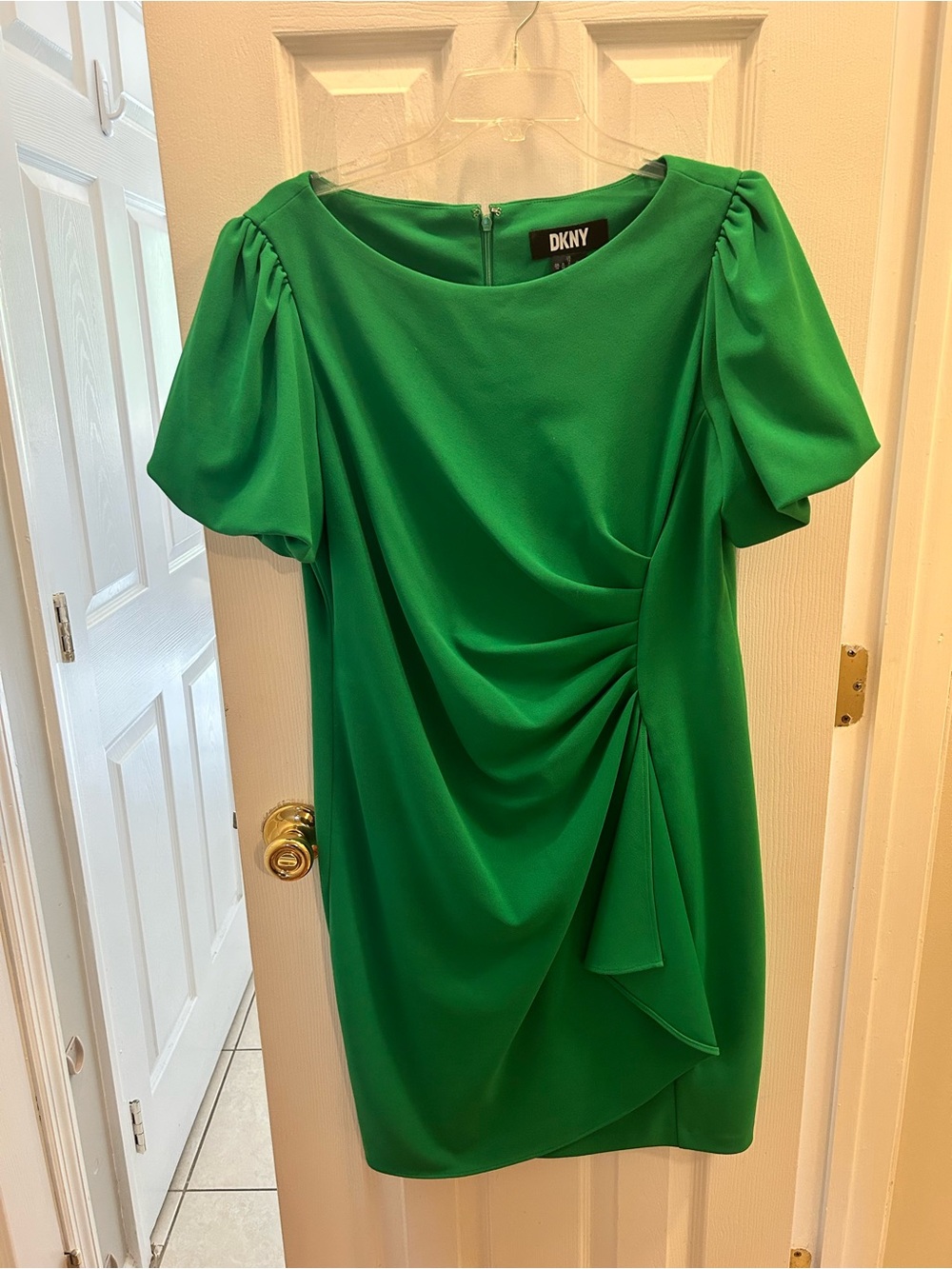 DKNY Emerald Green Draped Midi Dress with Puff Sleeves